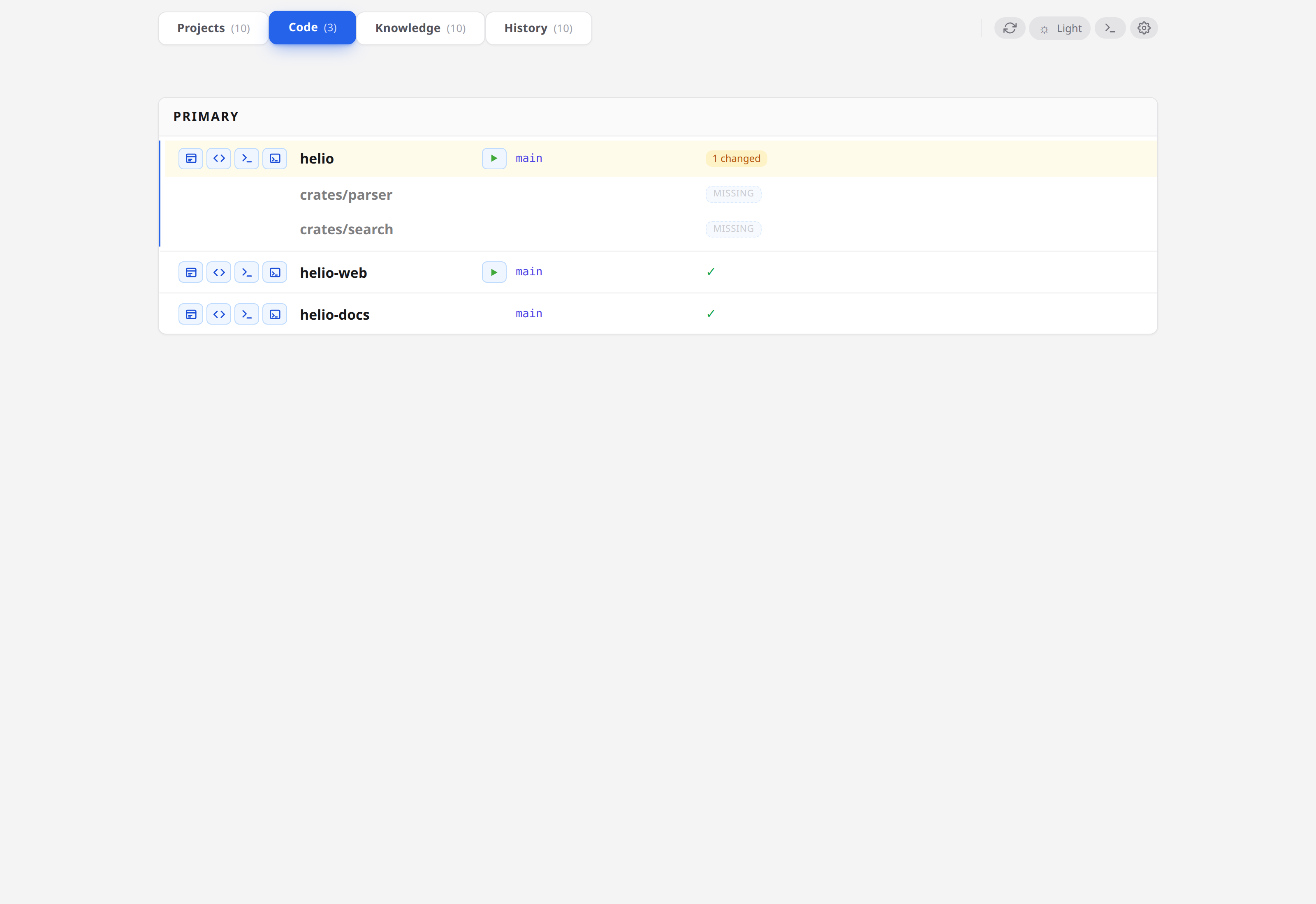 Code tab — three repos, helio with a dirty-file indicator