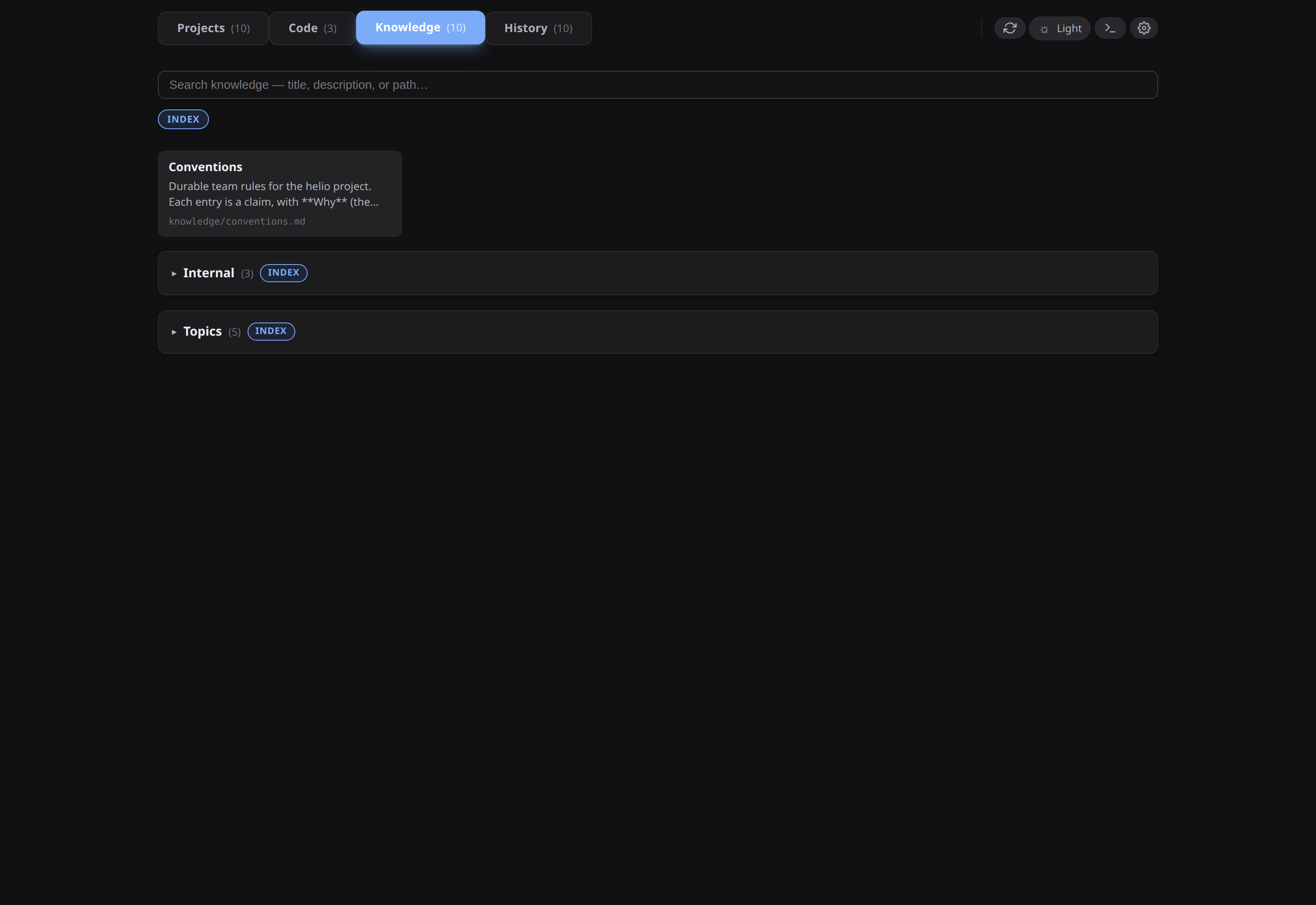Knowledge tab — conventions.md tile plus Internal and Topics folders
