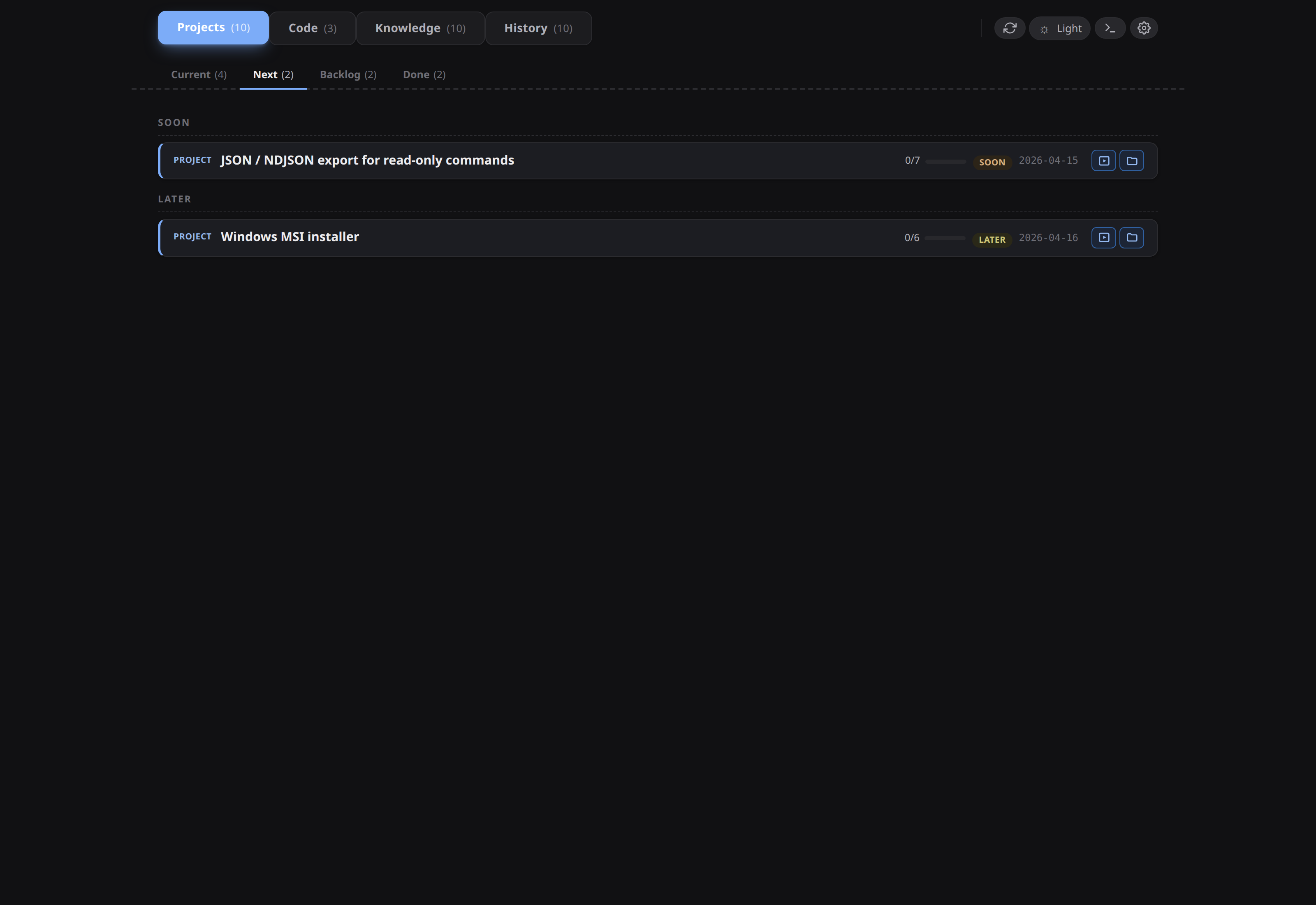 Projects → Next shows the newly created soon-status item