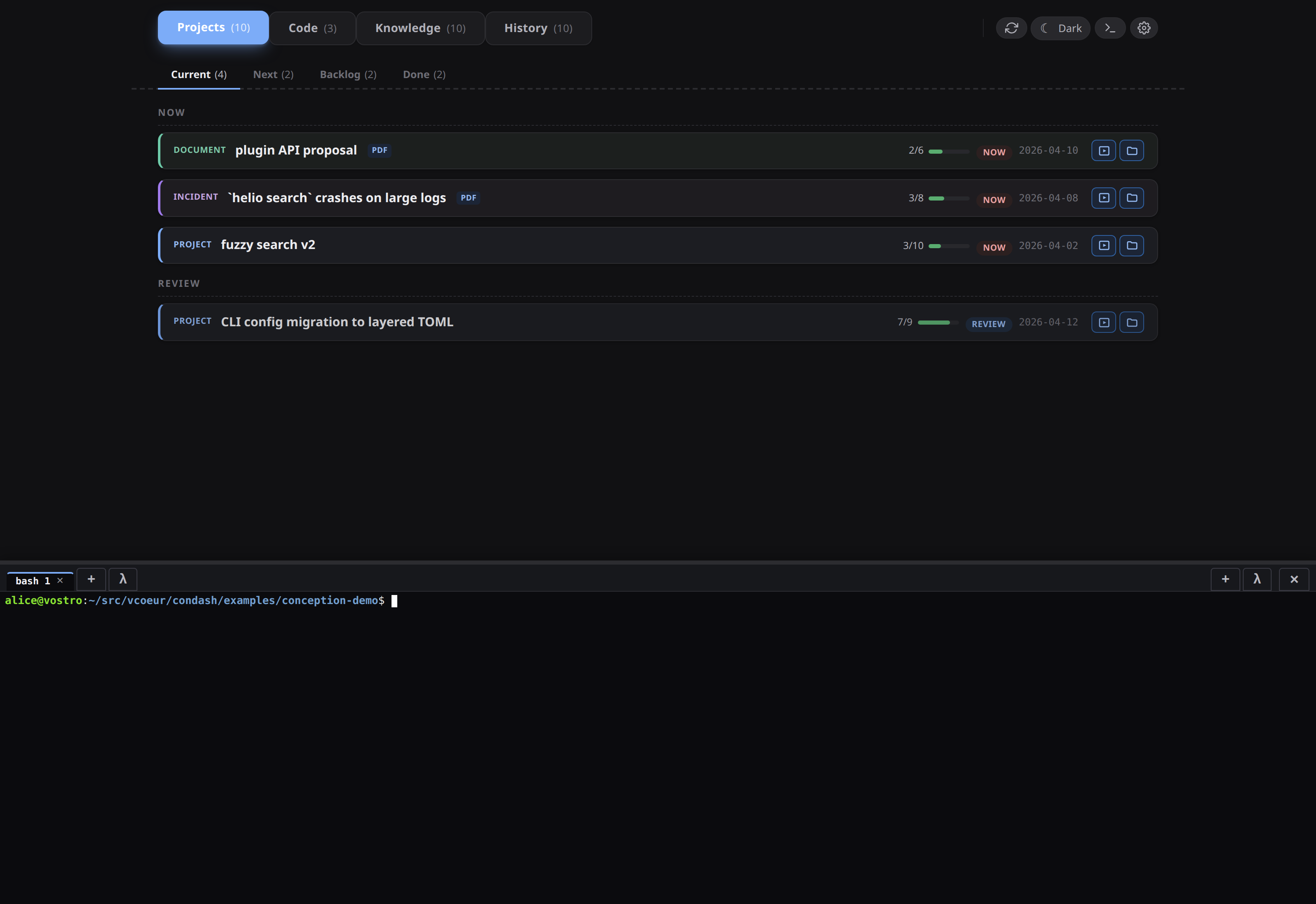 Terminal pane with a running helio command